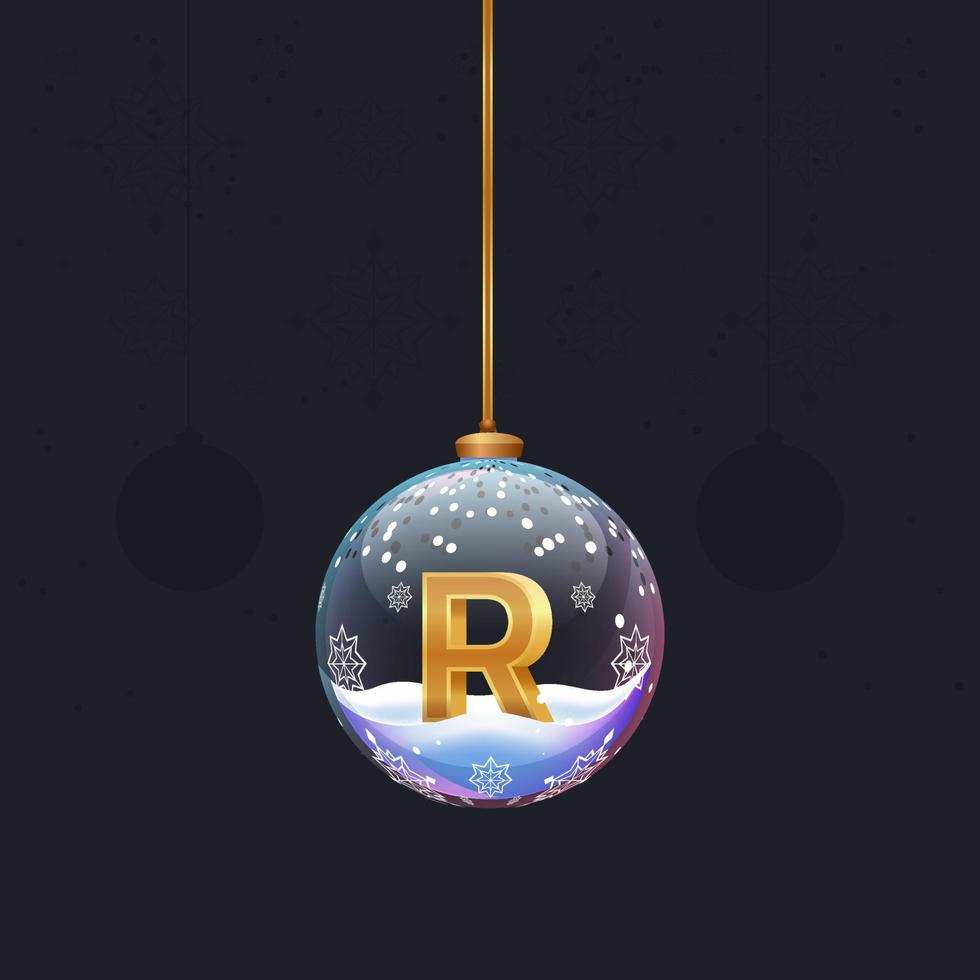 Alphabet letter in glass christmas  tree toy. Golden 3D  letter R inside ball. New year decoration element for design  template banner, poster or greeting card vector