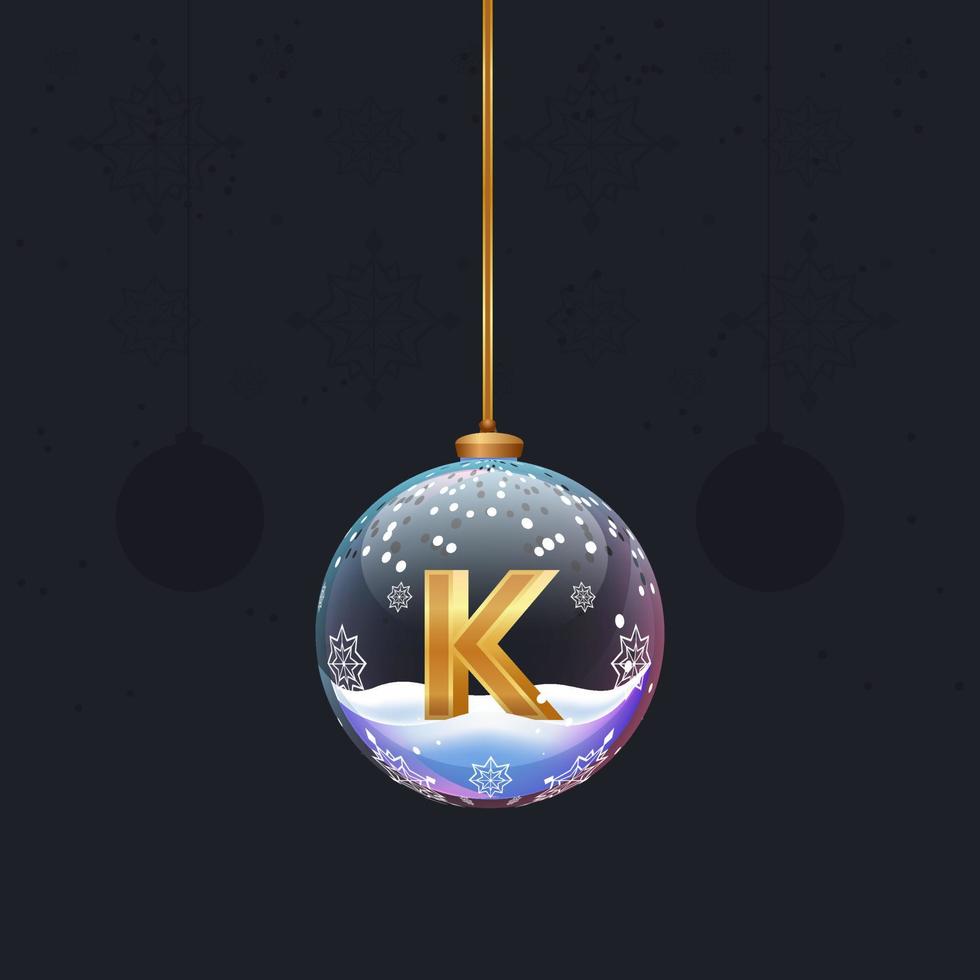 Christmas toy ball with a golden 3D letter K inside. New year tree decoration. Element for design banner, flyer or any advertising vector