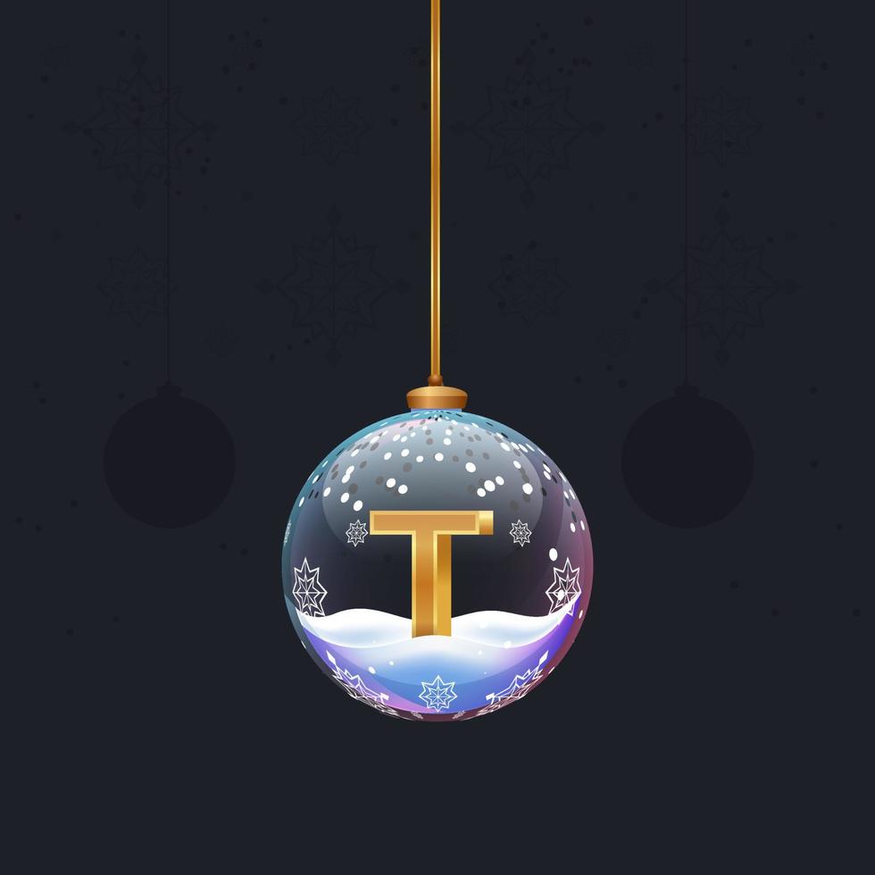 Letra del alfabeto en juguete de vidrio para árbol de Navidad. Golden 3d letra t dentro de la bola. elemento de decoración de año nuevo para banner de plantilla de diseño, cartel o tarjeta de felicitación vector