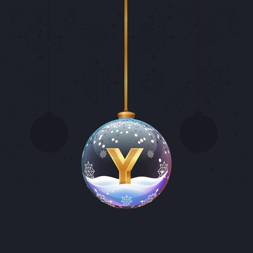 Christmas toy glass ball with a golden 3D letter inside. New year tree decor. Element for design banner, poster, brochure or any advertising vector