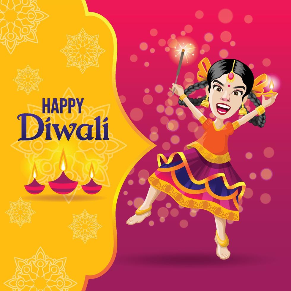 Happy Diwali greetings with excited girl celebrating 3791649 Vector Art at  Vecteezy