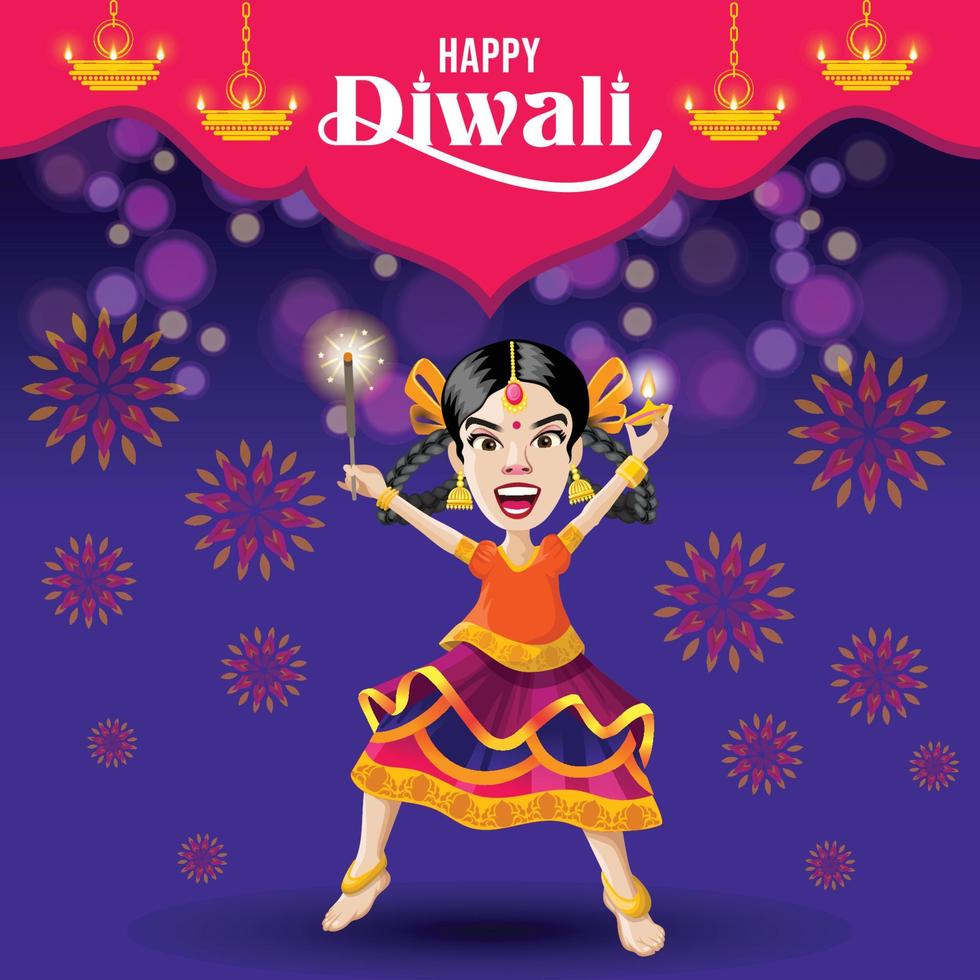 Happy Diwali greetings from excited girl celebrating with lamp and crackers vector