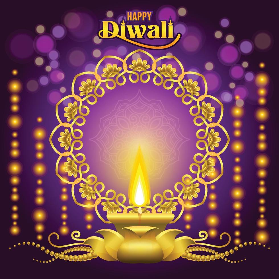 saludos de diwali con lámpara brillante ornamental dorada vector