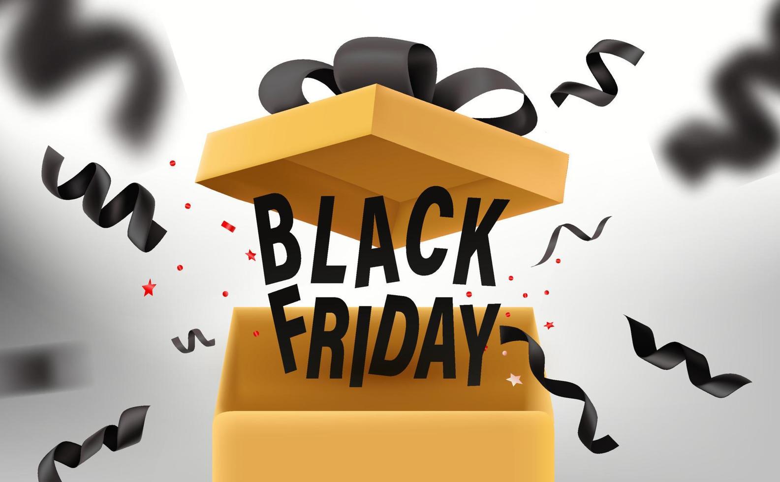 Banner de vector de venta final de viernes negro con cintas negras y caja de regalo