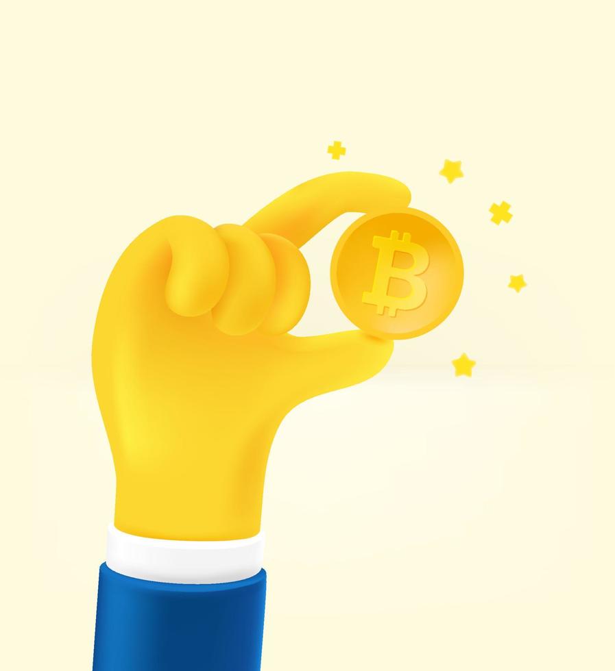 Man holding bitcoin in a hand. Cute cartoon 3d style vector illustration