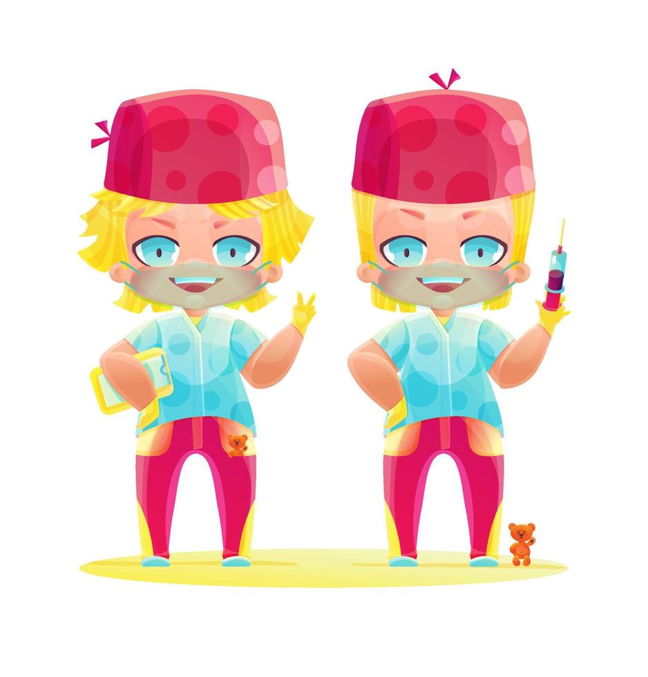 Cheerful twins of a doctor in bright uniforms vector