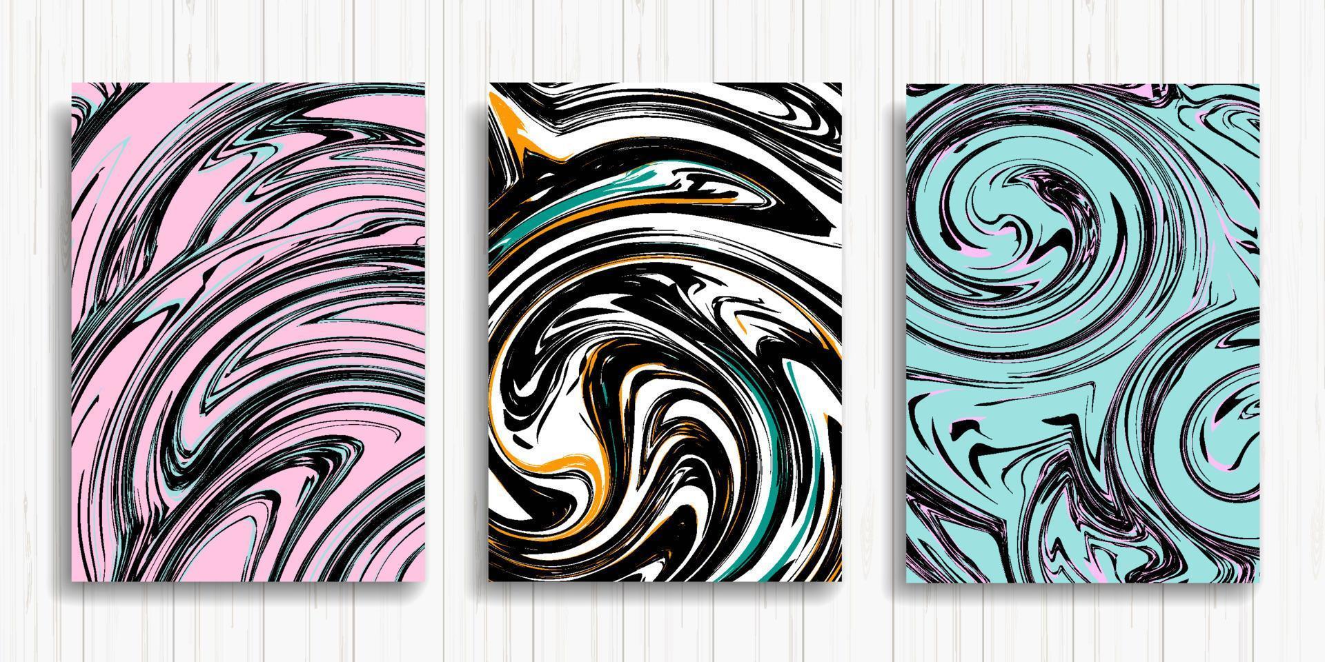 Black blue pink abstract liquid background. Acrylic fluid art. Vector marble texture. Modern cover design set. Abstract marble pattern. Line art poster. Wave effect