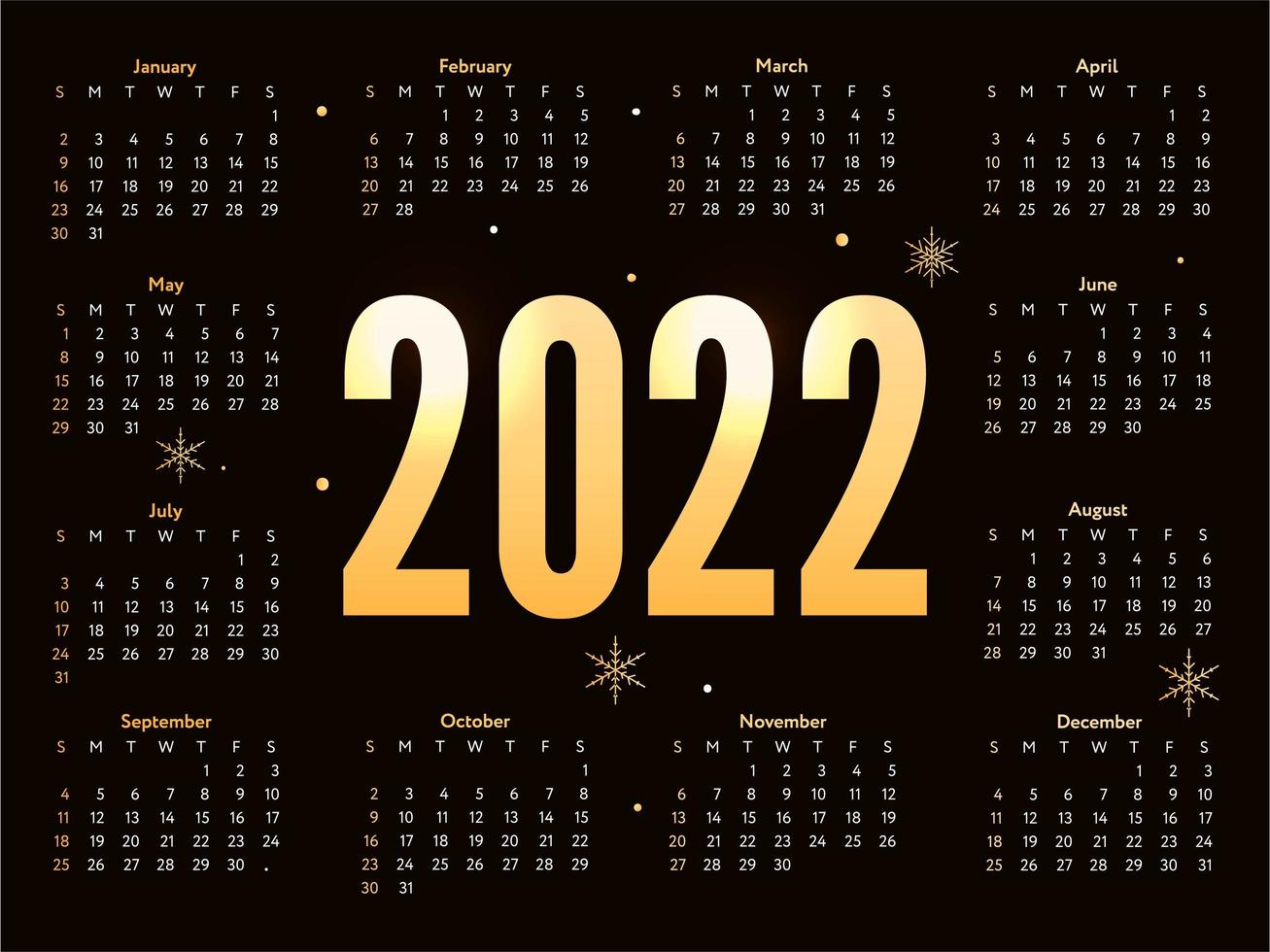 2022 Christmas lettering golden New Year Sketch Calendar Week starts on Sunday. vector