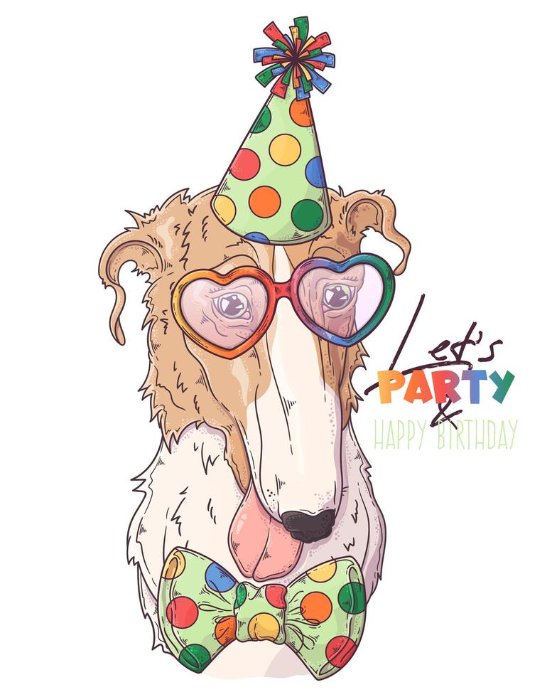 Payaso perro borzoi dibujado a mano con vector de accesorios. objetos aislados para su diseño. cada objeto se puede cambiar y mover.