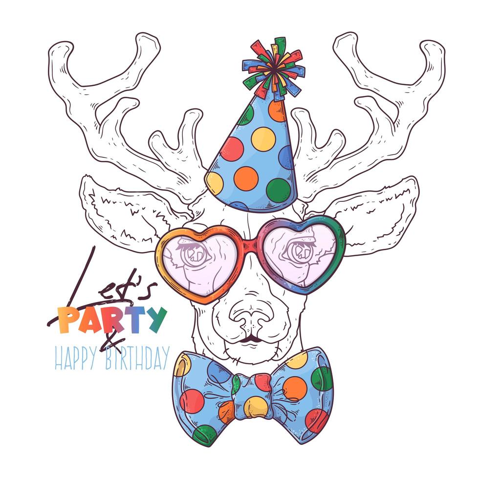 Hand drawn deer clown portrait with accessories Vector. Isolated objects for your design. Each object can be changed and moved. vector