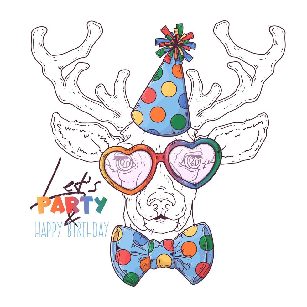 Hand drawn deer clown portrait with accessories Vector. Isolated objects for your design. Each object can be changed and moved. vector