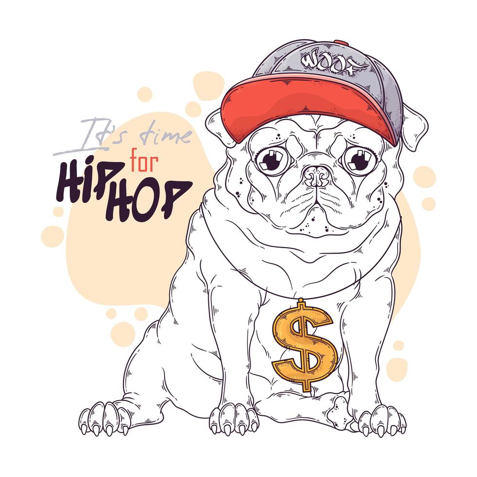 Hand drawn pug dog rapper with accessories Vector. Isolated objects for your design. Each object can be changed and moved. vector