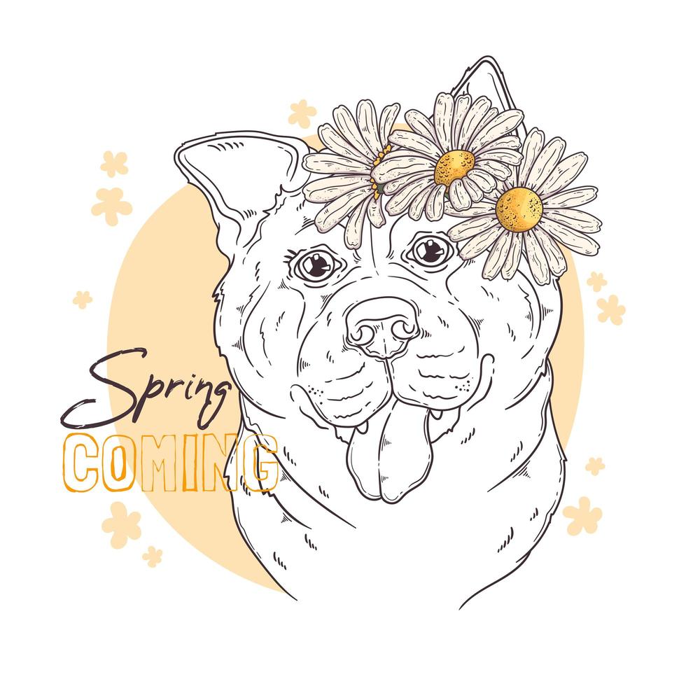 Hand drawn akita dog with flowers Vector. Isolated objects for your design. Each object can be changed and moved. vector