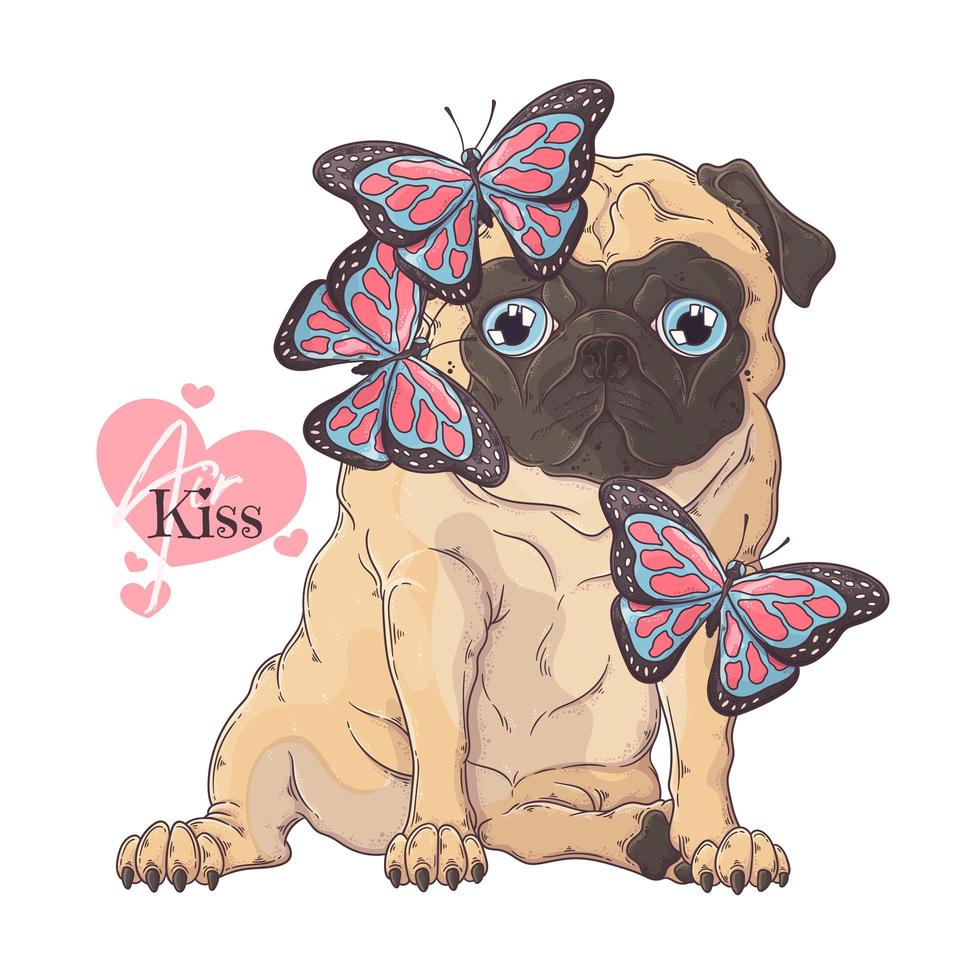 Hand drawn pug dog with butterfly Vector. Isolated objects for your design. Each object can be changed and moved. vector