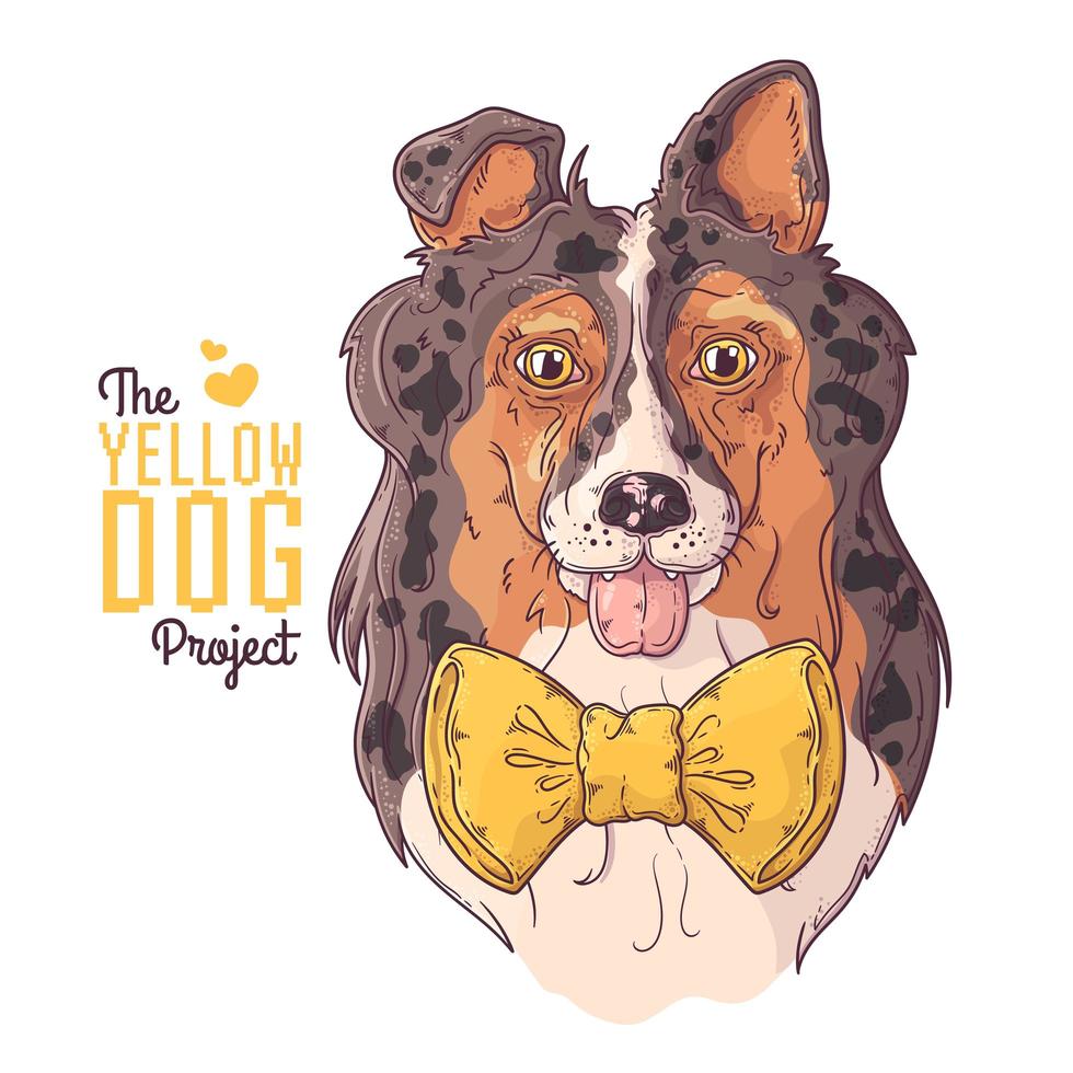 Hand drawn dog portrait with yellow ribbon Vector. vector