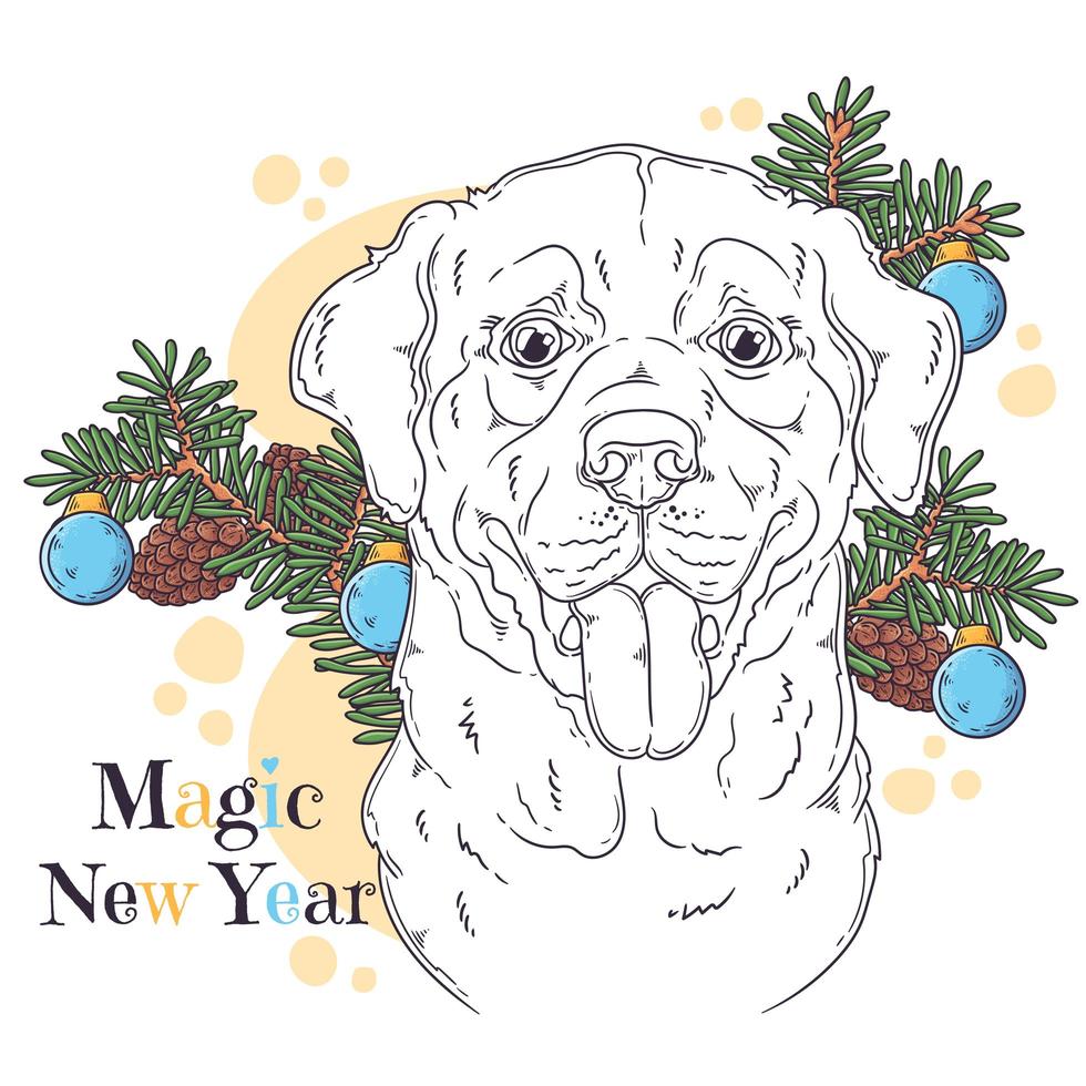 Hand drawn dog portrait with Christmas accessories Vector