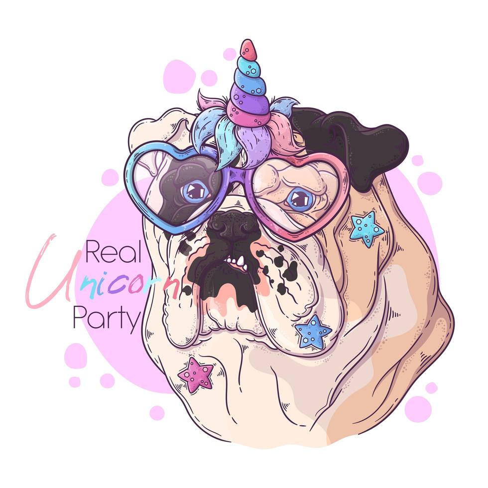 Bulldog dibujado a mano con vector de cuerno de unicornio. objetos aislados para su diseño. cada objeto se puede cambiar y mover.