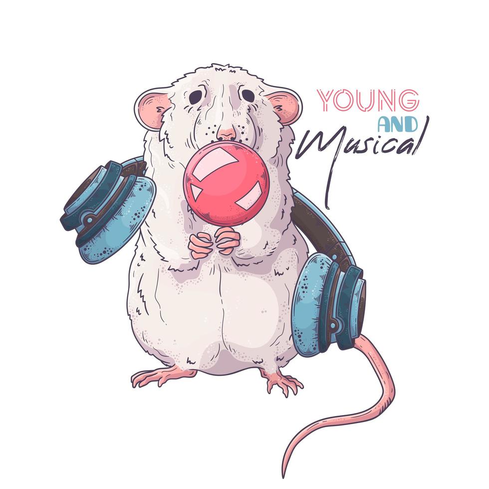Hand drawn rat inflates a bubble gum Vector. Isolated objects for your design. Each object can be changed and moved. vector