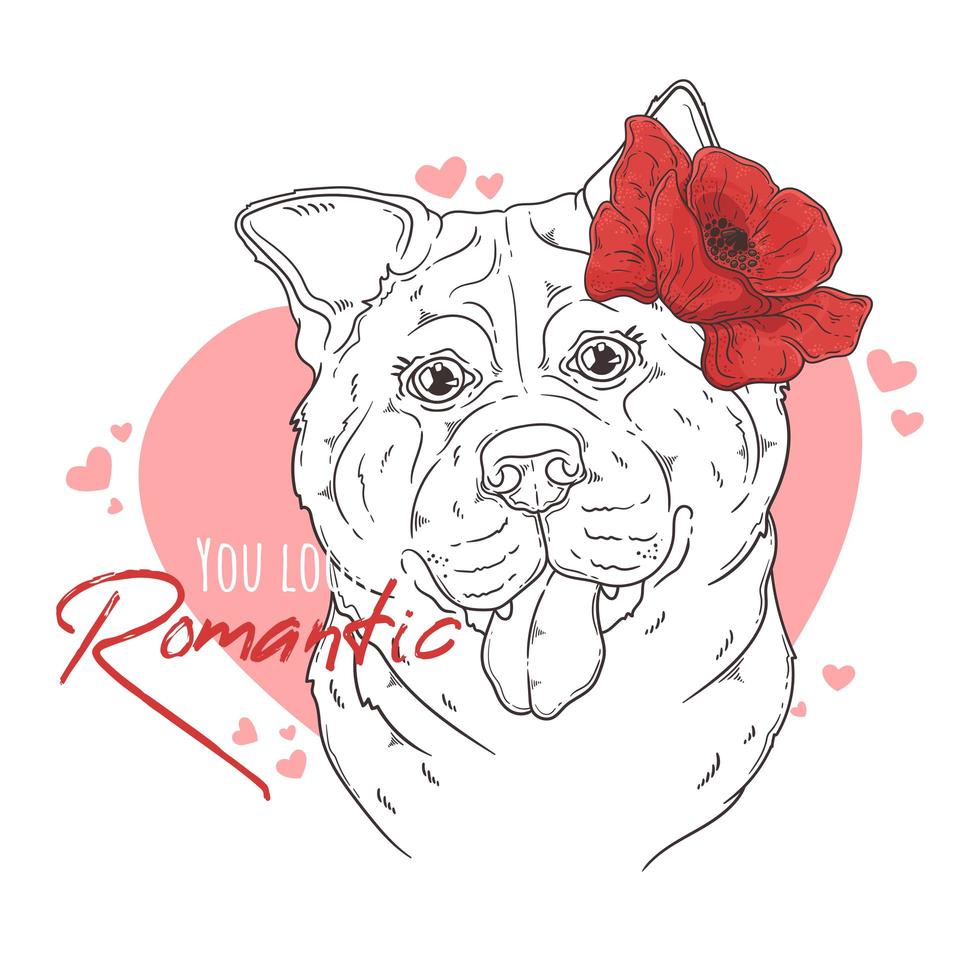 Hand drawn akita dog with flowers Vector. Isolated objects for your design. Each object can be changed and moved. vector
