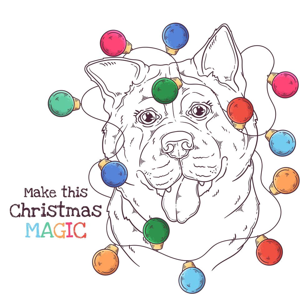 Hand drawn dog portrait with Christmas accessories Vector