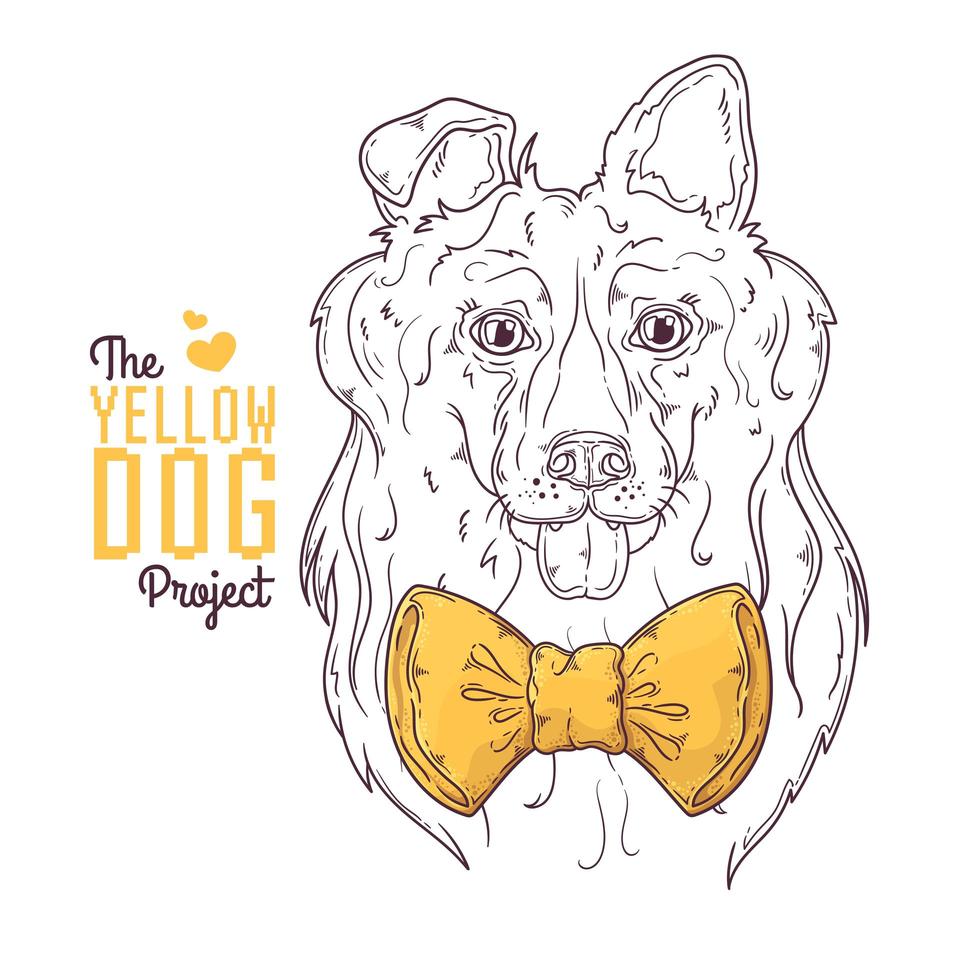 Hand drawn dog portrait with yellow ribbon Vector. vector