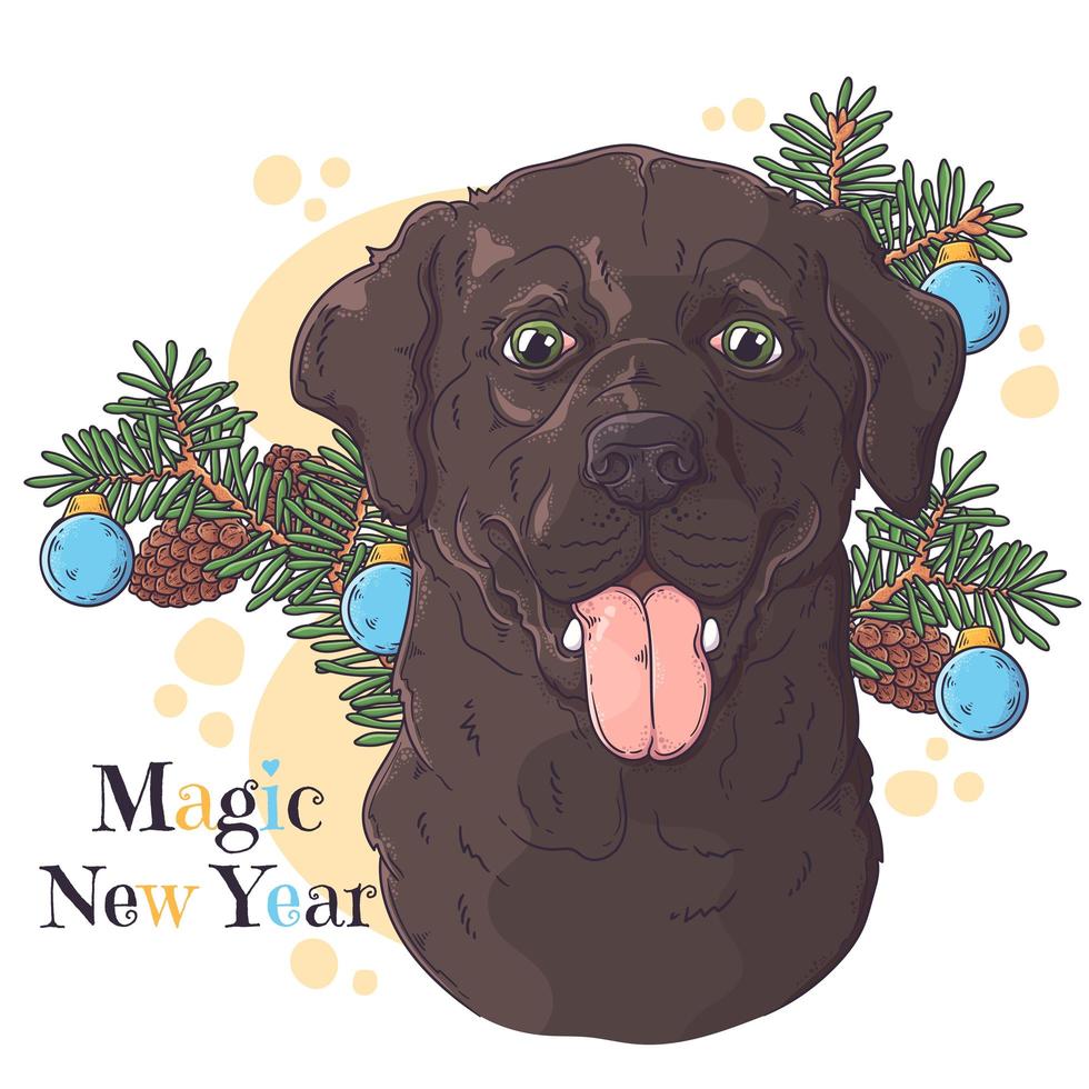 retrato de perro dibujado a mano con vector de accesorios de navidad