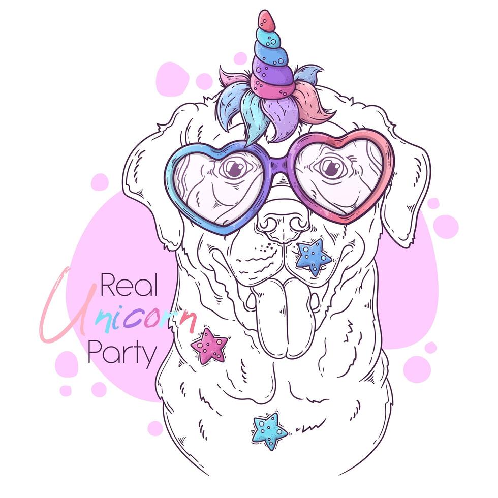 Hand drawn Labrador Retriever dog with unicorn horn Vector. Isolated objects for your design. Each object can be changed and moved. vector