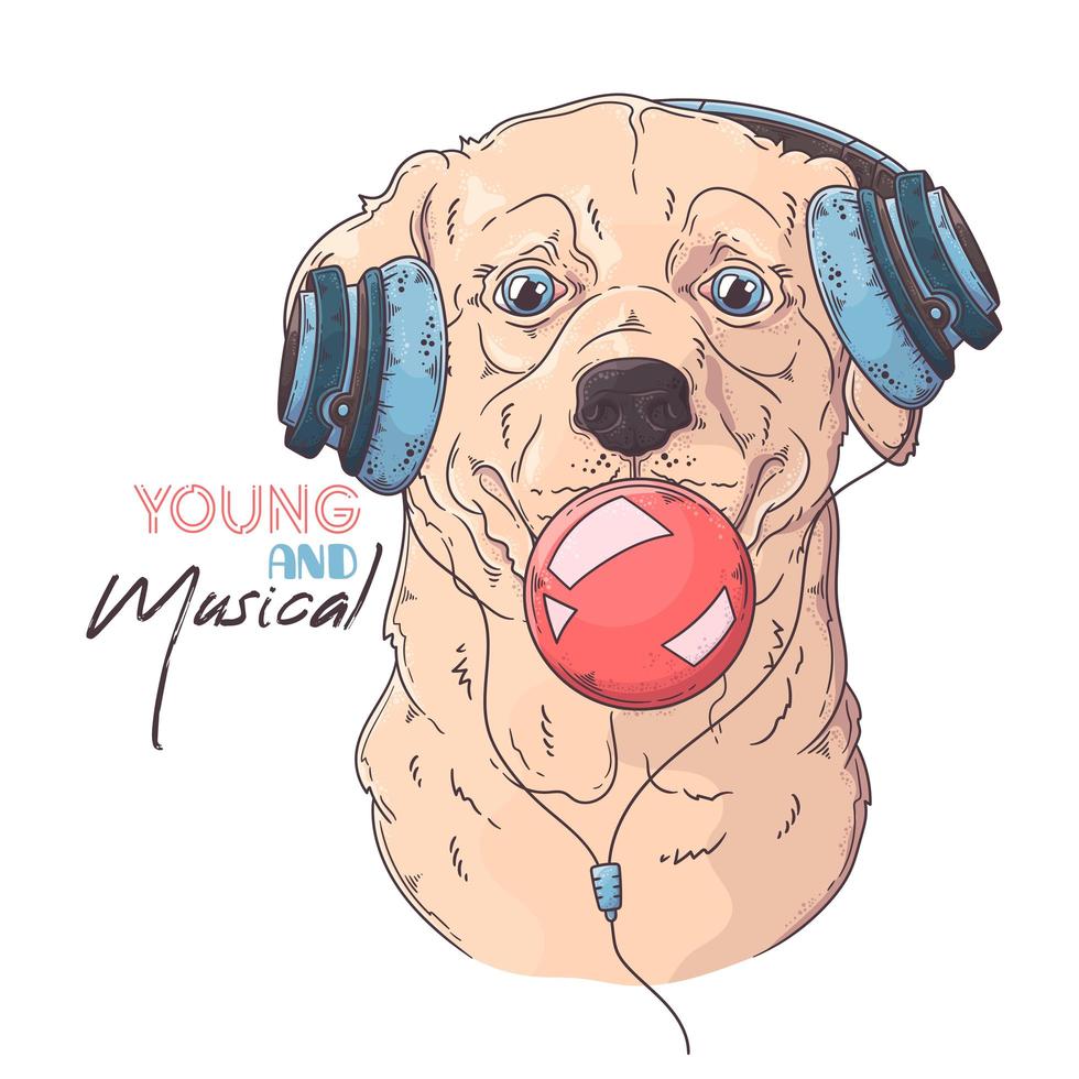 Hand drawn Labrador Retriever dog inflates a bubble gum Vector. Isolated objects for your design. Each object can be changed and moved. vector