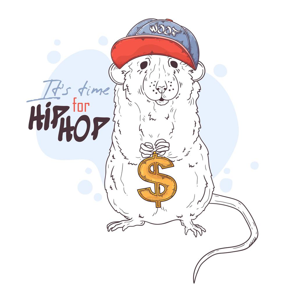 Hand drawn rat rapper with accessories Vector. Isolated objects for your design. Each object can be changed and moved. vector