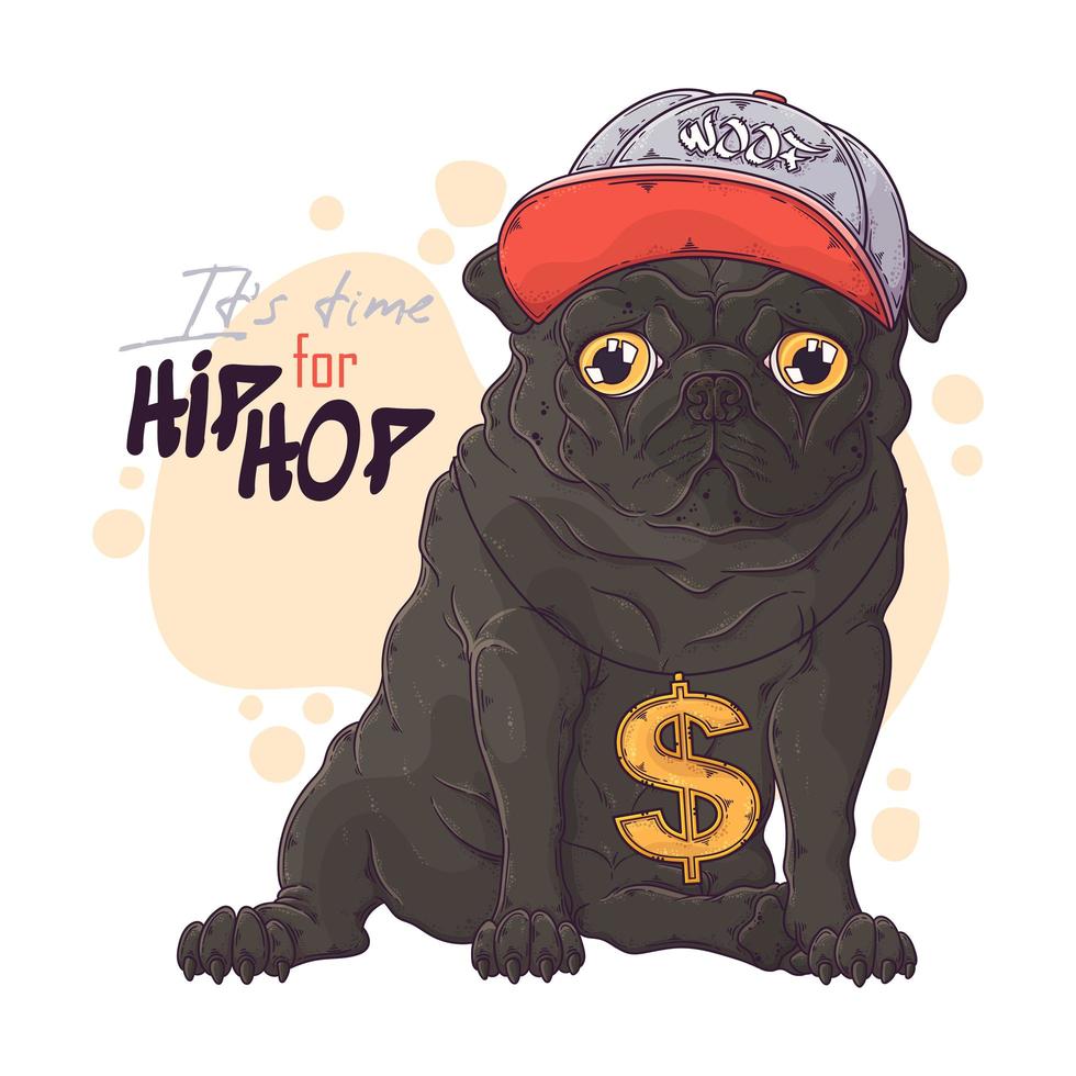 Hand drawn pug dog rapper with accessories Vector. Isolated objects for your design. Each object can be changed and moved. vector