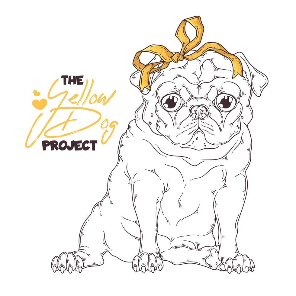 Hand drawn dog portrait with yellow ribbon Vector. vector