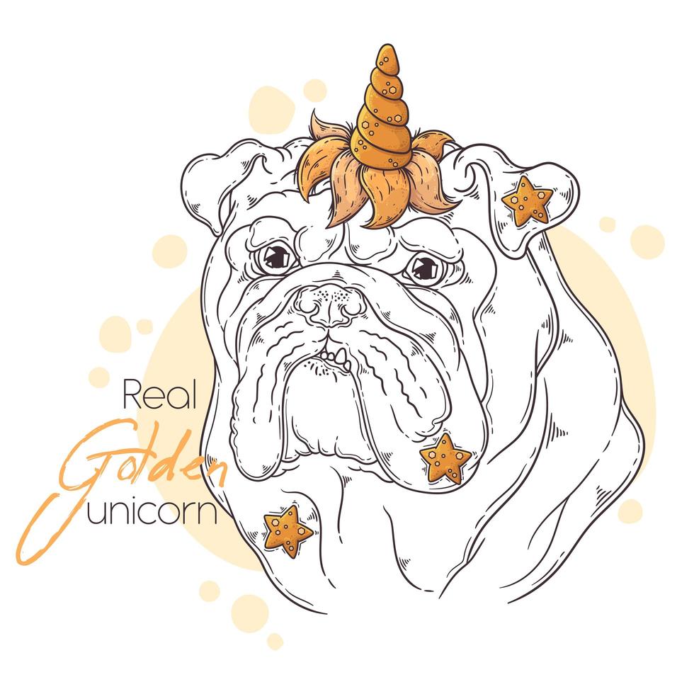 Bulldog dibujado a mano con vector de cuerno de unicornio. objetos aislados para su diseño. cada objeto se puede cambiar y mover.