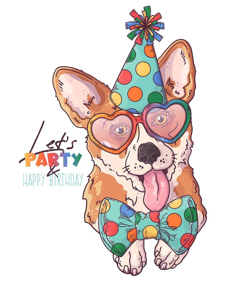 Hand drawn corgi dog clown portrait with accessories Vector. Isolated objects for your design. Each object can be changed and moved. vector