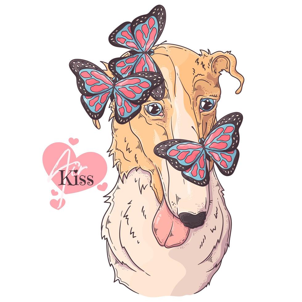 perro borzoi dibujado a mano con vector de mariposas. objetos aislados para su diseño. cada objeto se puede cambiar y mover.