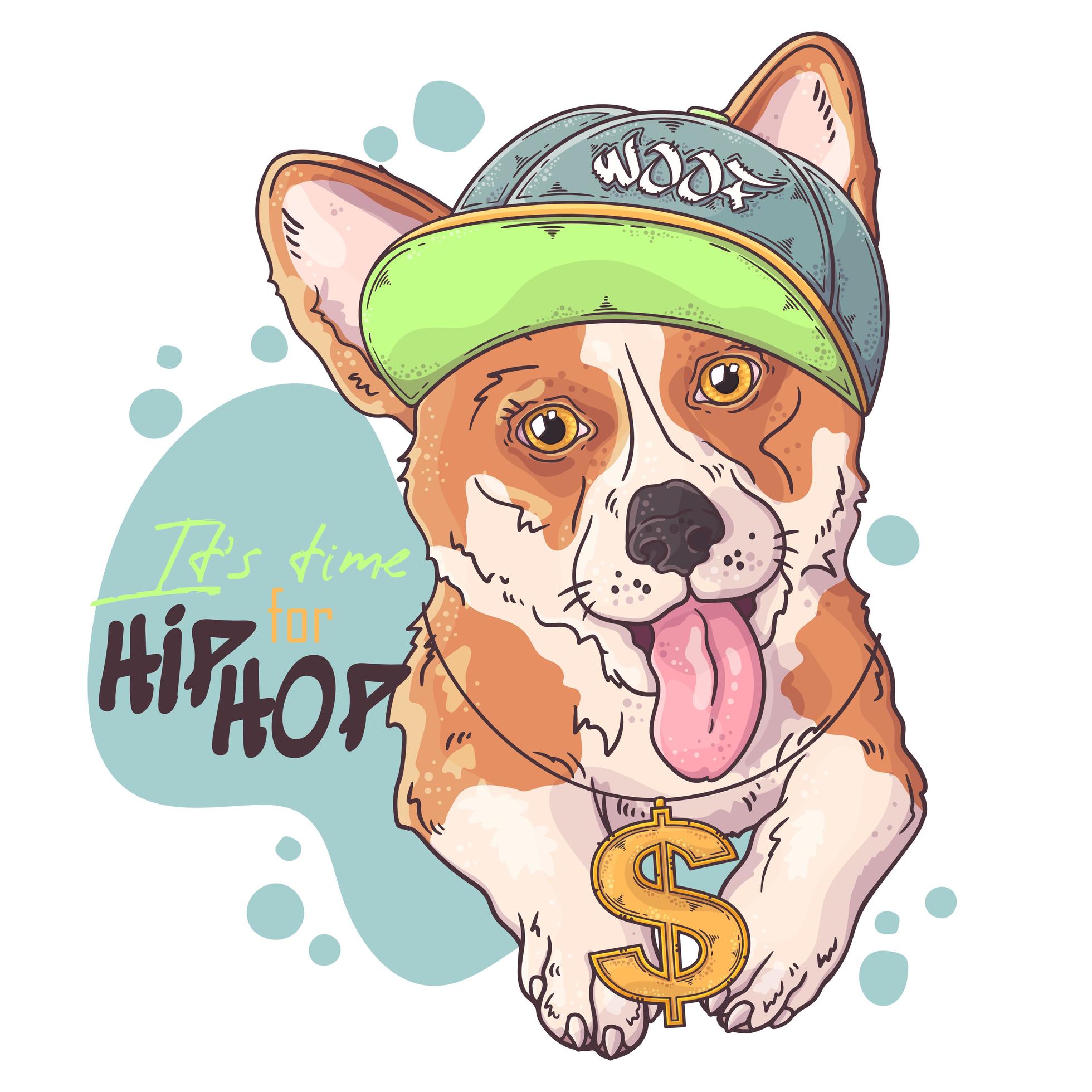 Hand drawn corgi dog rapper portrait with accessories Vector. Isolated objects for your design. Each object can be changed and moved. vector