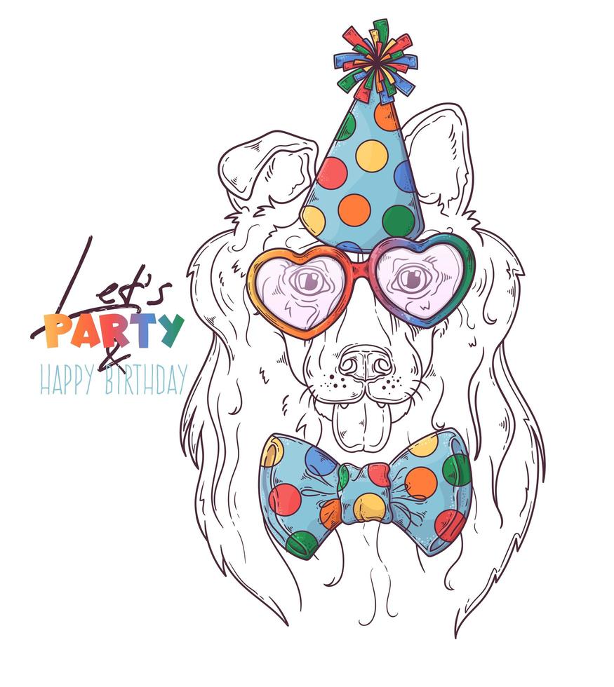 Hand drawn collie clown dog portrait with accessories Vector. Isolated objects for your design. Each object can be changed and moved. vector