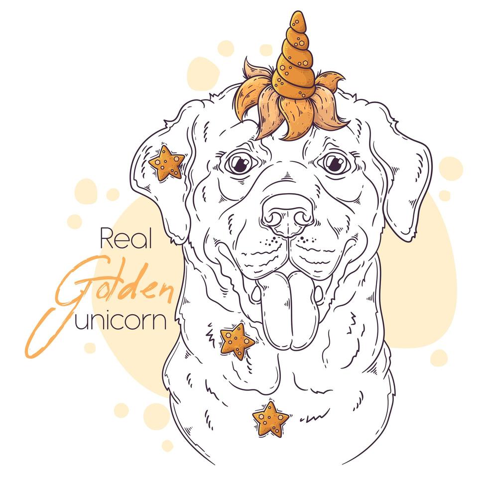 Hand drawn Labrador Retriever dog with unicorn horn Vector. Isolated objects for your design. Each object can be changed and moved. vector