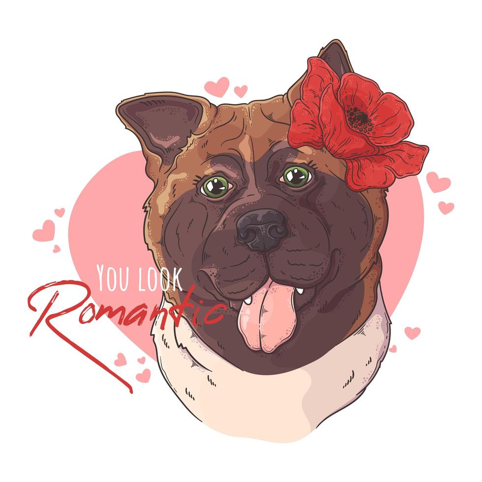 Hand drawn akita dog with flowers Vector. Isolated objects for your design. Each object can be changed and moved. vector