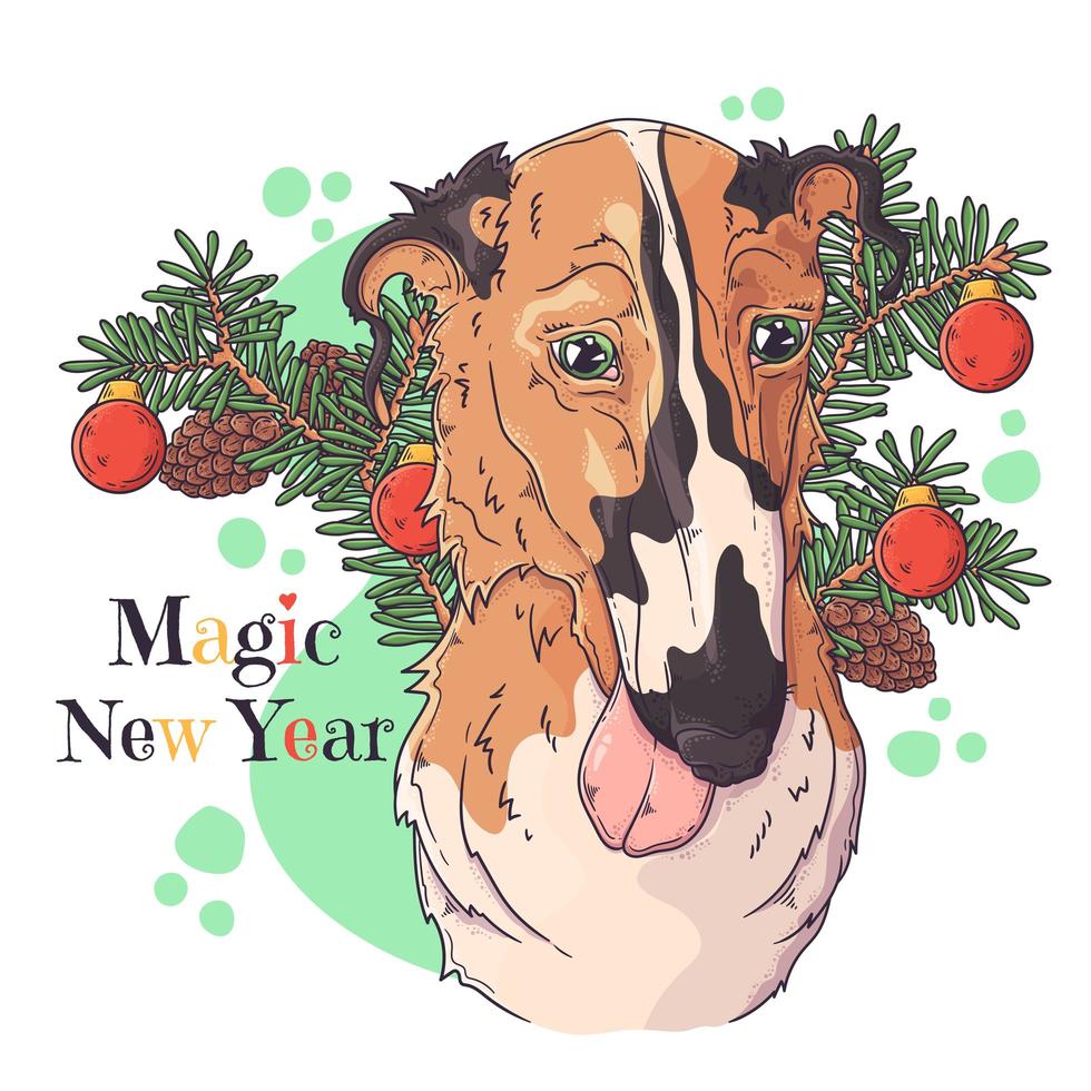 Hand drawn dog portrait with Christmas accessories Vector