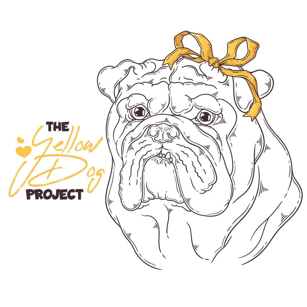 Hand drawn dog portrait with yellow ribbon Vector. vector