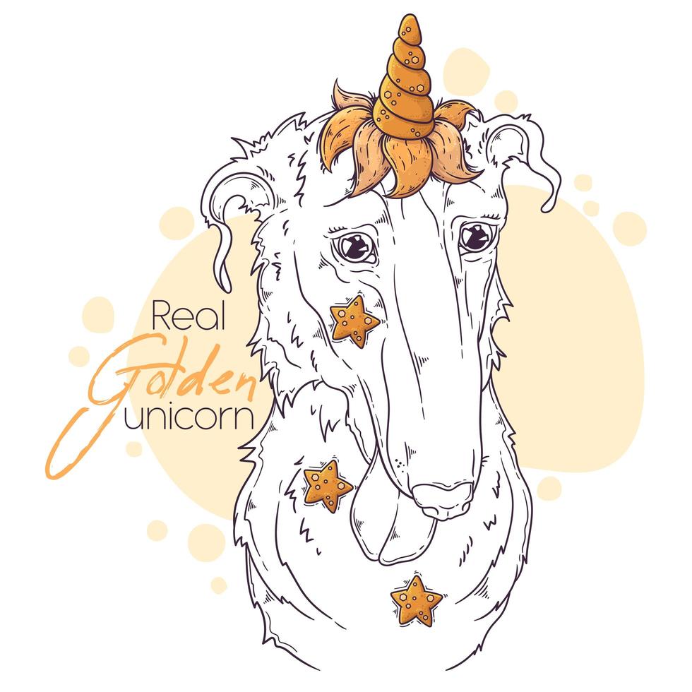 Hand drawn Borzoi dog with unicorn horn Vector. Isolated objects for your design. Each object can be changed and moved. vector