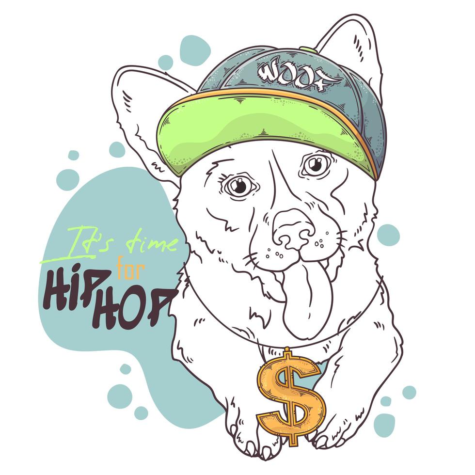 Hand drawn corgi dog rapper portrait with accessories Vector. Isolated objects for your design. Each object can be changed and moved. vector