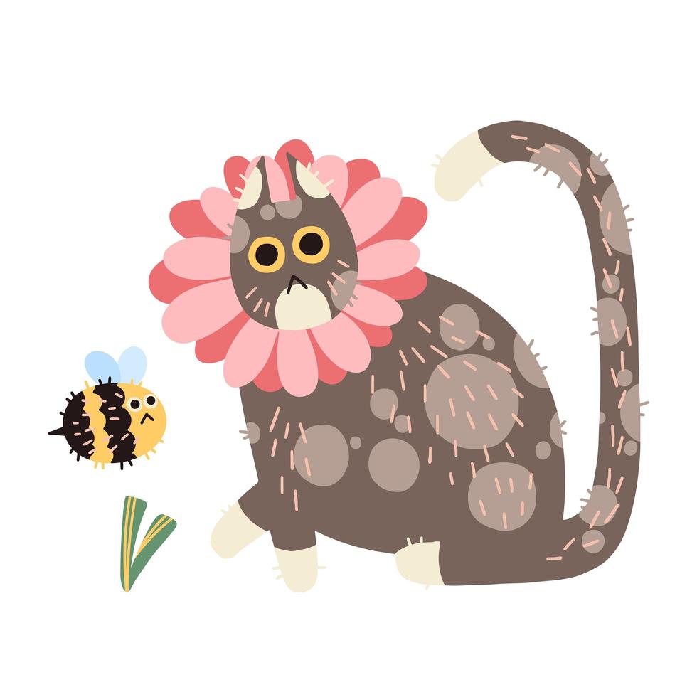 dibujado a mano lindo vector floral gato