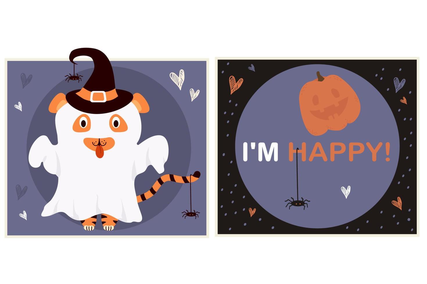 lindas tarjetas con gracioso tigre fantasma con sombrero de bruja para halloween. ilustración vectorial con texto soy feliz. Postal cuadrada de halloween de saludo brillante con animal lindo, gato de calabaza y araña vector