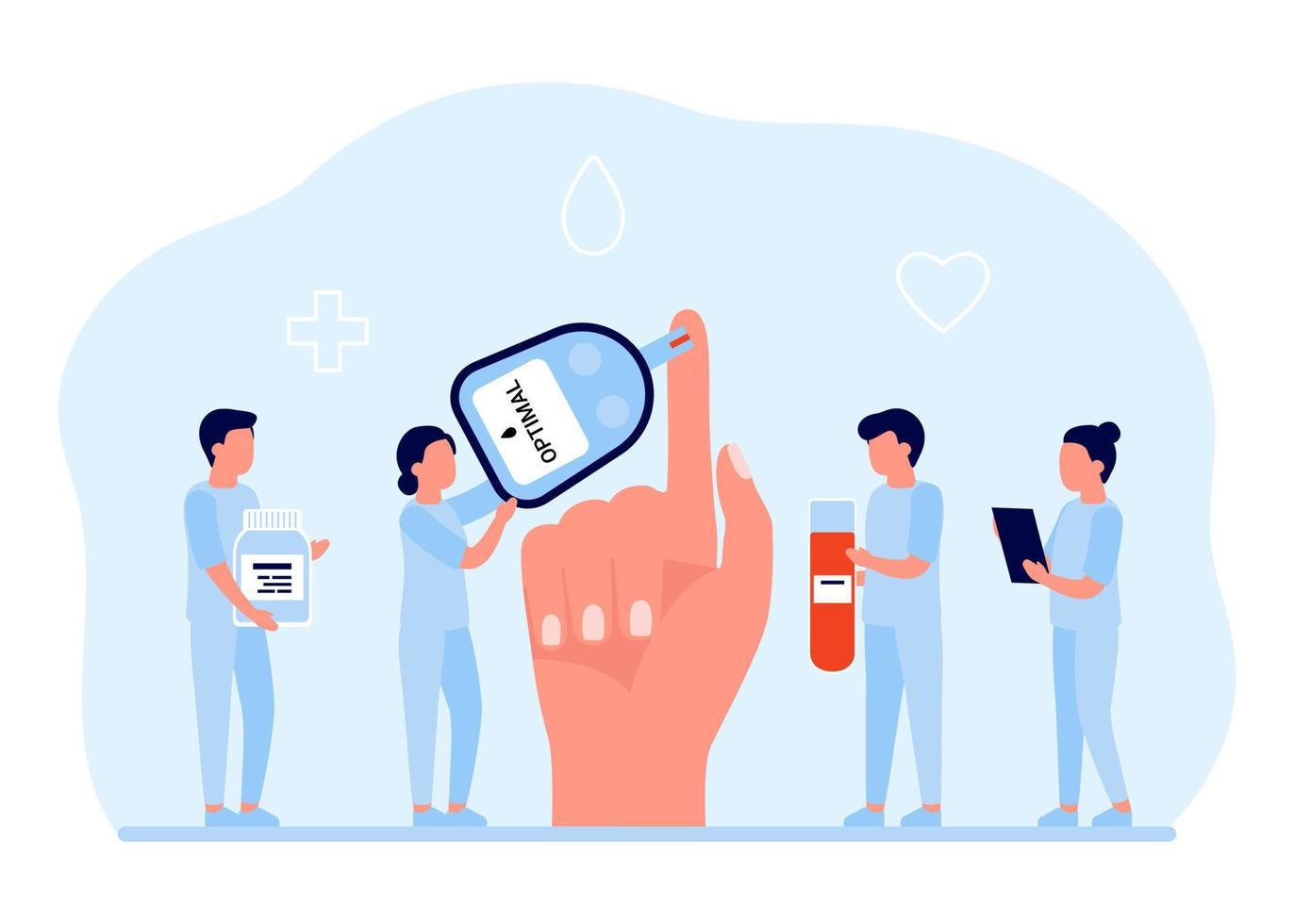 Doctor test sugar check level in blood, diabetes concept. Blood drop test strip for measure glucose. Glucometer in hand. Vector illustration