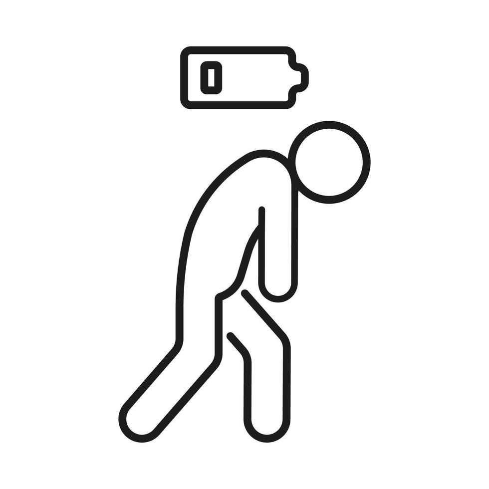 Tired person icon, line symbol. People with problem, burnout on work, stress. Low charge and lack battery energy from fatigue, exhausted. Vector