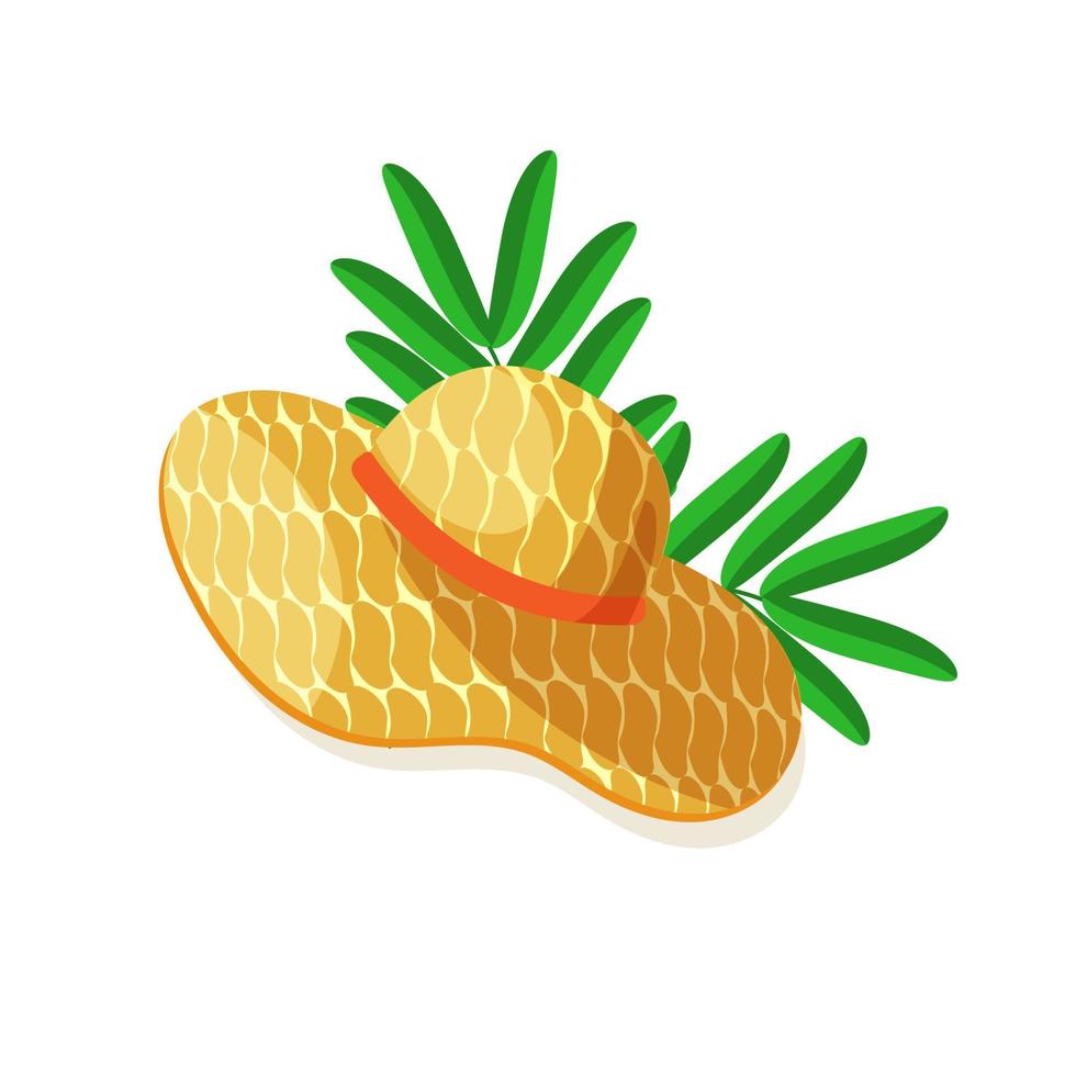 Straw hat with orange ribbon on a background of tropical leaves. vector