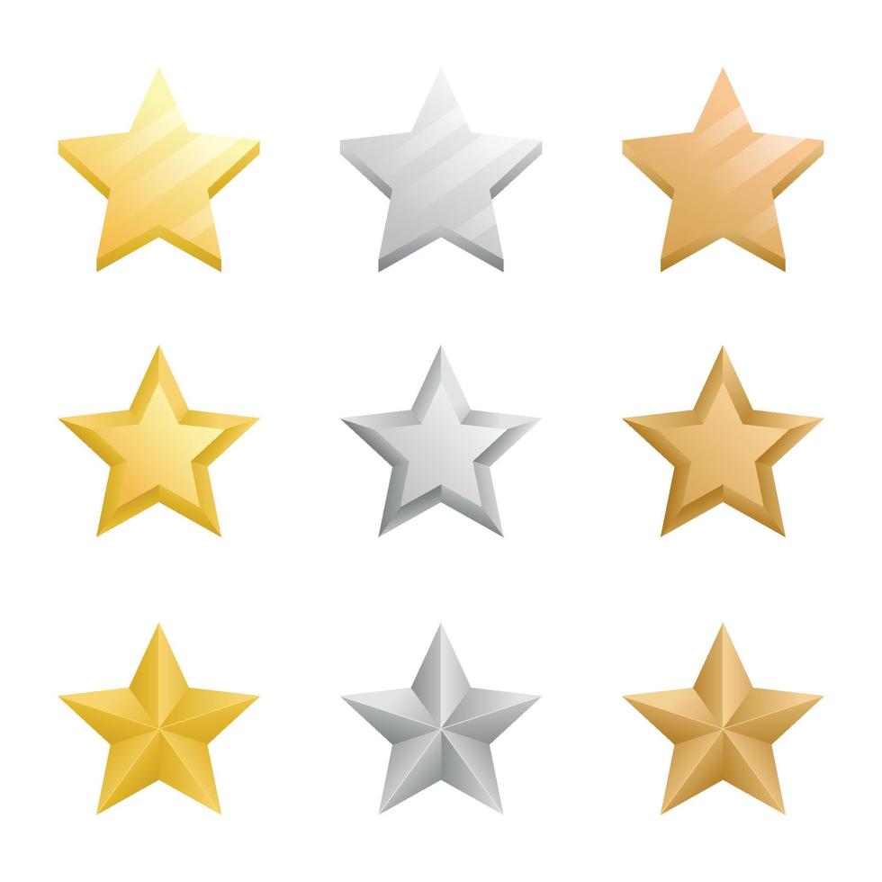 Conjunto de gráficos vectoriales de estrellas de oro, plata y bronce vector