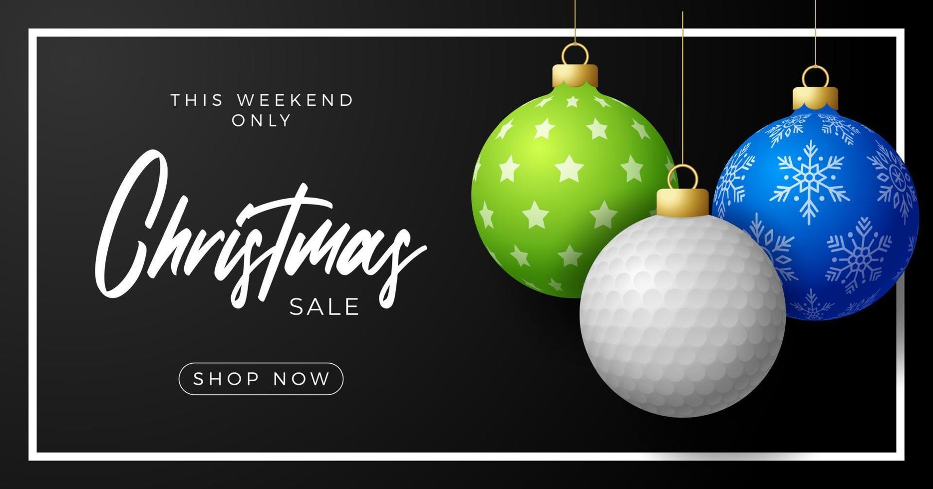 golf Christmas sale banner. Merry Christmas sport greeting card. Hang on a thread golf ball as a xmas ball and colorful bauble on horizontal background. Sport Vector illustration.