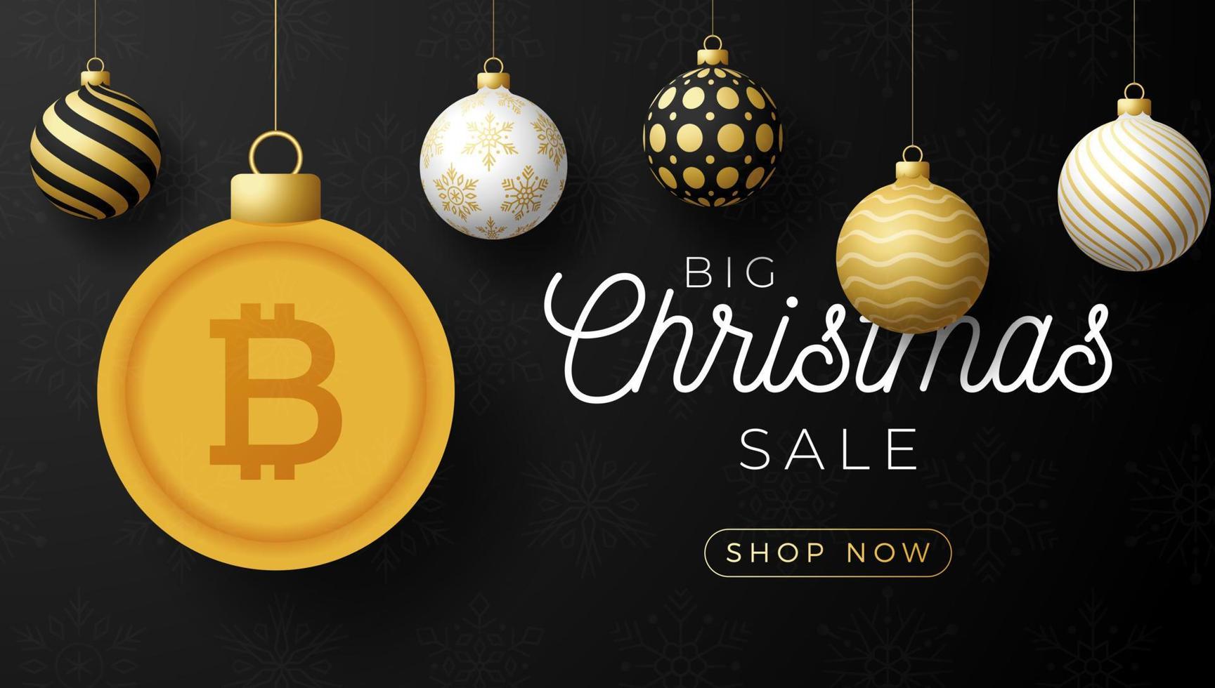 Feliz Navidad banner de símbolo de bitcoin de oro. Signo de bitcoin como tarjeta de felicitación colgante de bola de adorno navideño. imagen vectorial para navidad, finanzas, día de año nuevo, banca, dinero vector